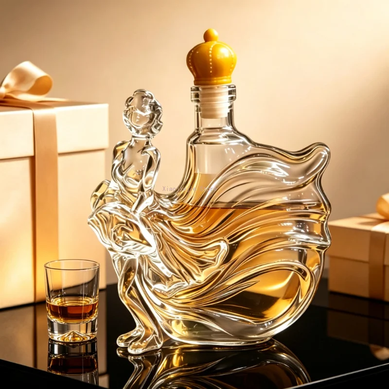 Dancing Lady Shaped Glass Liquor Decanter, Leakproof Bottle with Crown Stopper for Whisky Bourbon Red Wine, Housewarming Gift