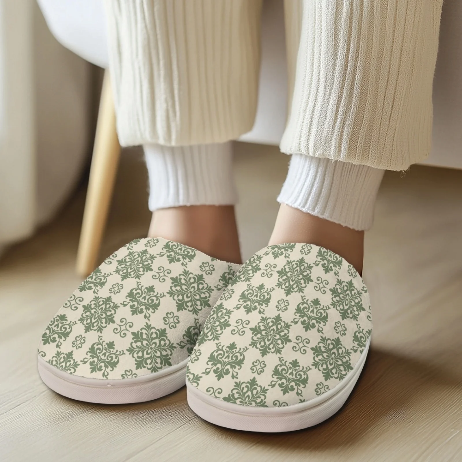PENSTROLL Green Damask Extra Warm Thermal Slippers For Winter Indoor Slipper for Hotel House Shoes That Don't Rub Top Of Foot