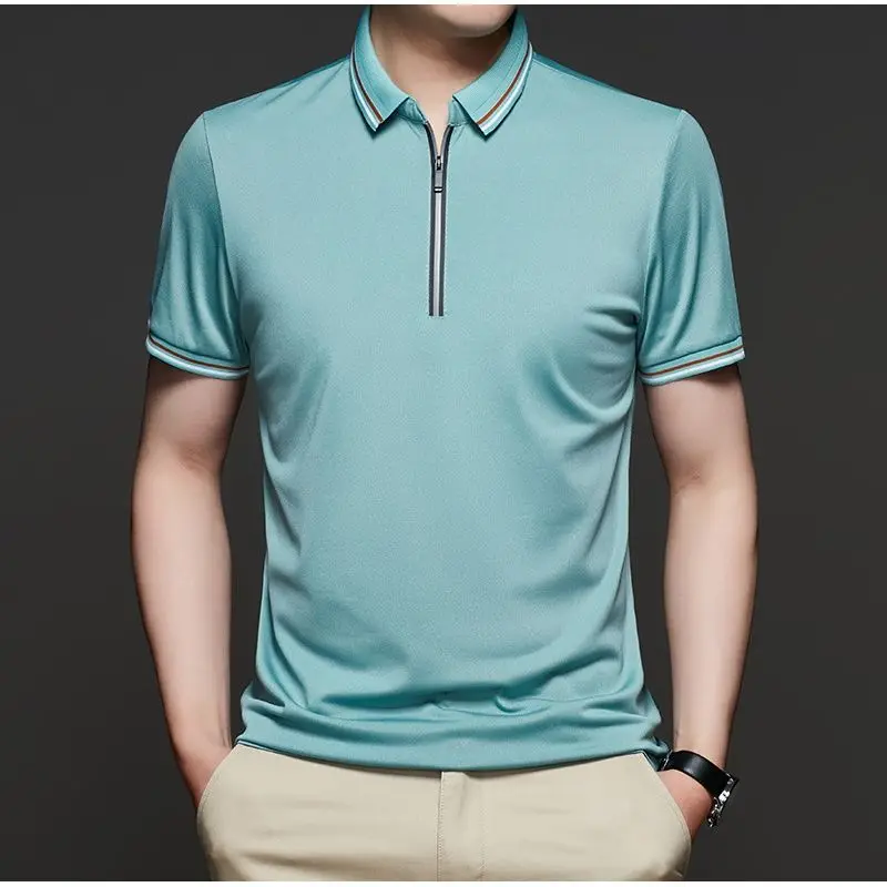 Summer New High Quality Fashion Simple Men's Short Sleeve Polo Shirt Panelled Lapel Zipper Trend Casual Versatile Loose Top 2024