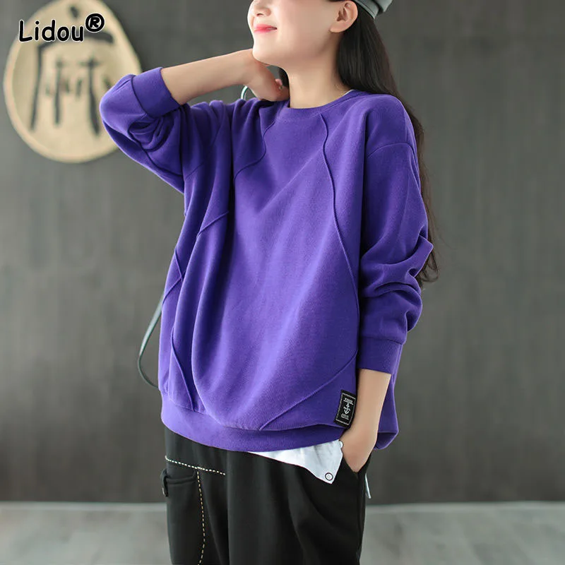 Solid Preppy Style Loose Thick Pullover Sweatshirts Cotton O-Neck Autumn Winter Women's Clothing National Style Patch Designs