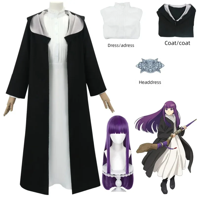 

Anime Frieren: Beyond Journey's End Fern Cosplay Costume White Long Dress and Black Robe Purple Wig Headwear Halloween Suit