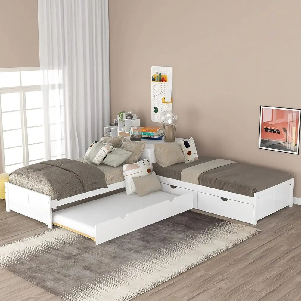 

L-Shaped Platform Bed with Trundle, 2 Drawers and Built-in Desk - Ideal for Families, Kids, and Teens, No Box Spring Needed