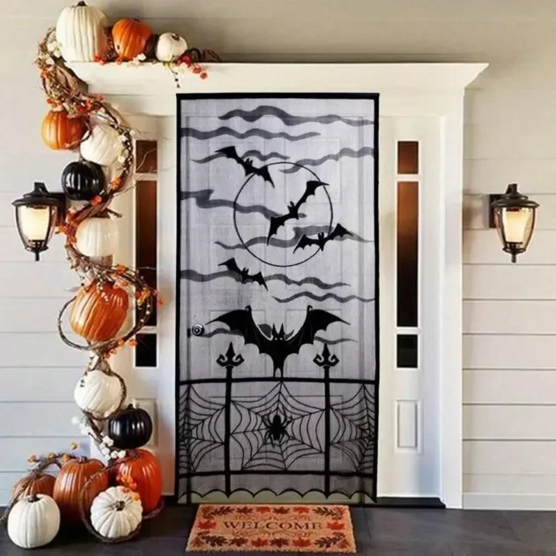 2pcs Halloween Window Curtains Black Bat Lace Curtains For Party Bedroom Dining Room Ghost Door Curtains Creative Shade Goth