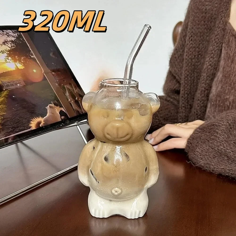 320ML Cute Bear Coffee Mug with Straw Creative Kawaii Transparent Glass Cup Beer Milk Coffee Water Cups Glasses Drinkware Mug