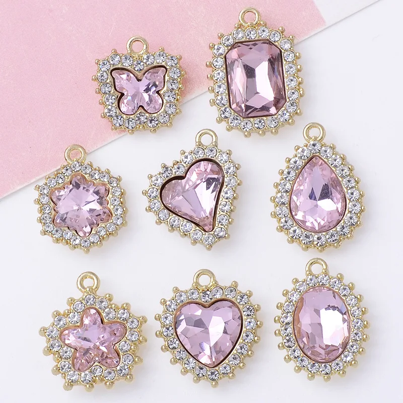 

100Pc set pink series inlaid crystal butterfly peach heart star pendant handmade version sweet necklace earrings alloy DIY