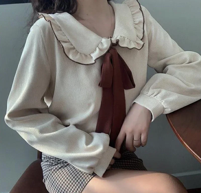 

Винтажная женская вельветовая рубашка с милым бантом, повседневная блузка с воротником Питера Пэна, корейский консервативный стиль, весенние элегантные топы с длинными рукавами