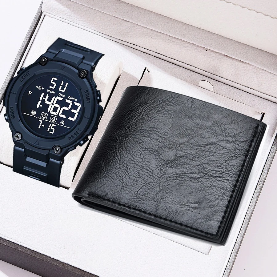 【محفظة مجانية】 طقم ساعات رجالية مكون من قطعتين، طقم هدايا ساعة مطاطية رقمية رياضية للرجال من NOBOX
