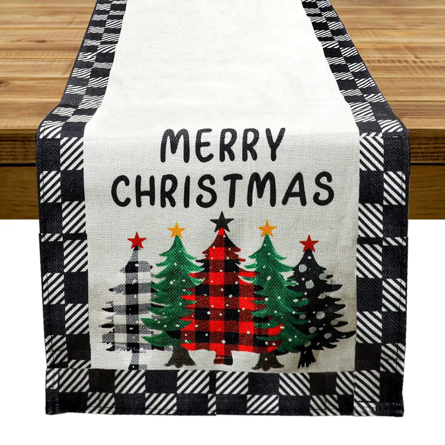 Merry Christmas Xmas Tree Table Runner Seasonal Farmhouse Kitchen Dining Table Decorations for Home Party Indoor Outdoor