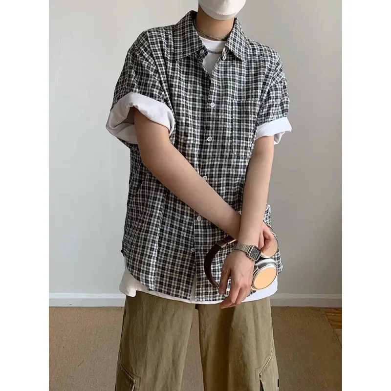 Unisex, Loose Fitting Short Sleeve Men's Plaid Shirt Casual.Breathable, Abrasion-resistant, Harajuku Style, Vintage Shirt.