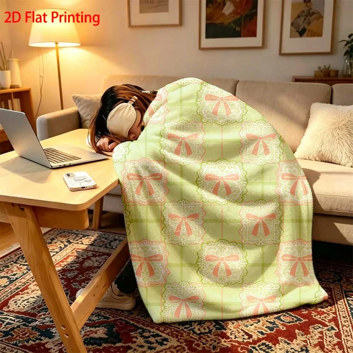 Sweet and Girlish Style Butterfly Knot Printed Flannel Blanket for Office Nap, Portable Blanket, Gift for Family and Friends
