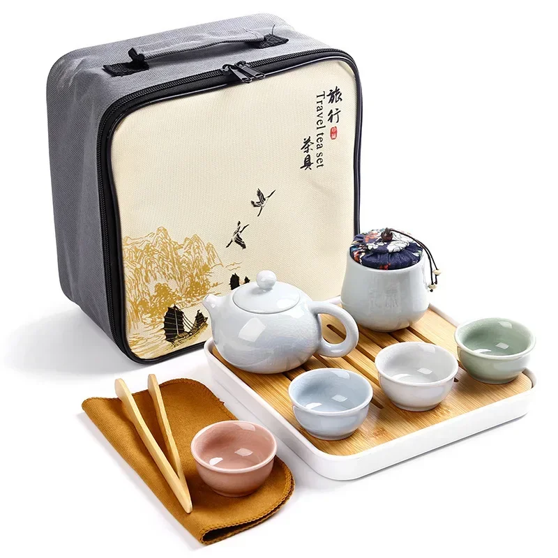 Travel Kung Fu Tea Set Ceramic Pot  Cup  Tray Carrying Case