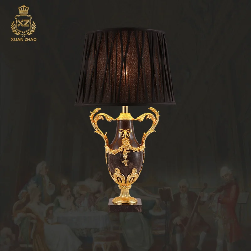 

European Brass Trophy Table Lamps Living Room Bedside Fabric Decorative Desk Lights American Style Art Marble Light Fixtures