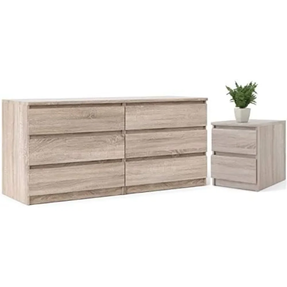 6 Drawer Double Dresser and 2 Drawer Nightstand Set in Truffle