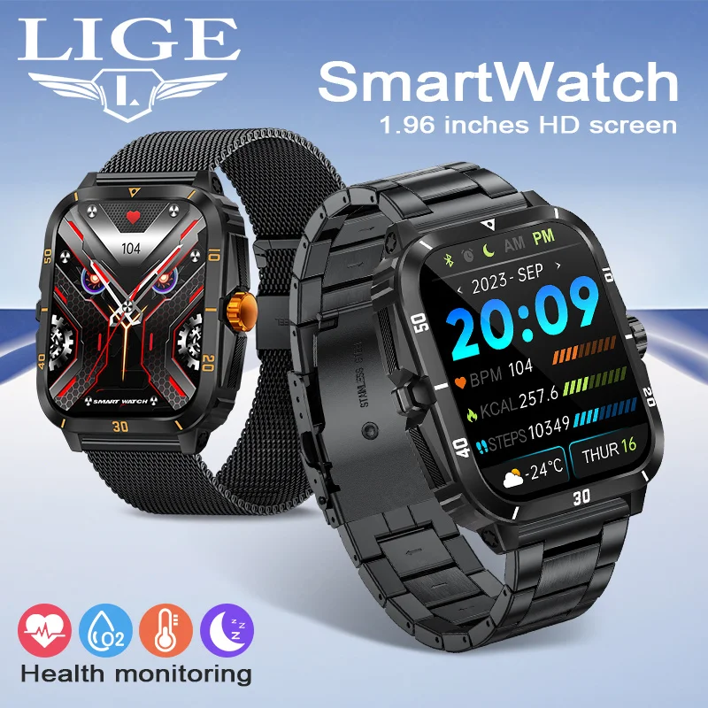 

Смарт-часы LIGE Sport для мужчин с экраном 1.96 дюйма, измерением уровня кислорода в крови, Bluetooth-звонками, 100+ видами спорта, водонепроницаемые, умные часы для мужчин, Reloj Hombre