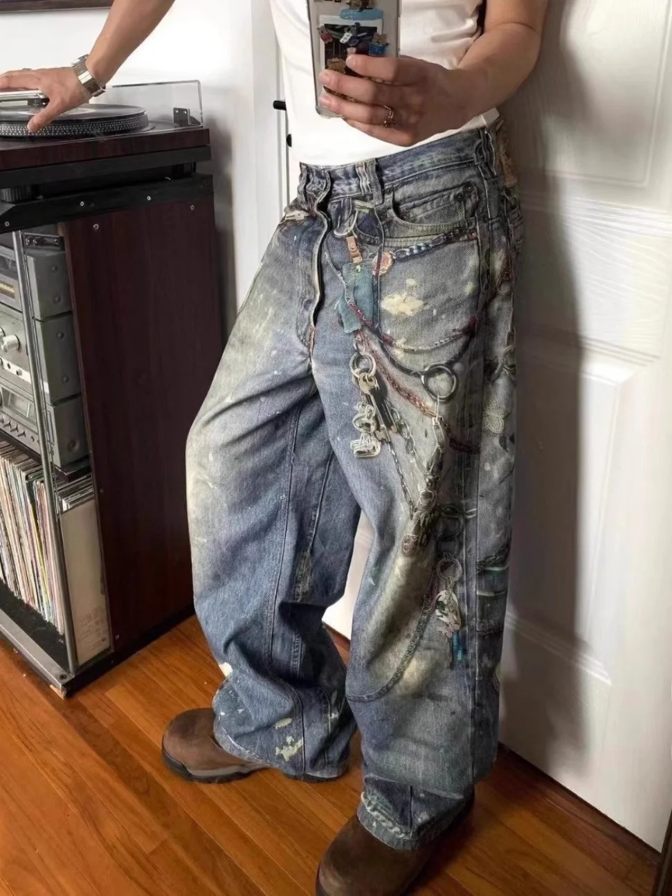 New Sle 3D Printed Chain Straight Leg Jeans American Vibe Trendy Brand Worn Look Emed Long Trousers for Teens