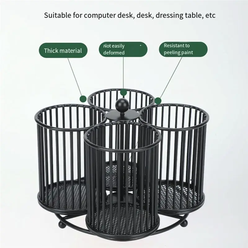 ABRI-Black Pencil Holder Organizer, Metal 360° Rotating Pencil Storage For Desk Office School Makeup Cosmetic Organizer Round Bl