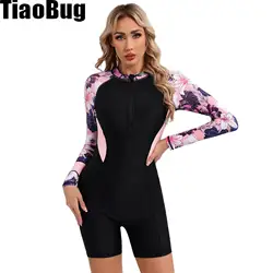 Women Floral Print Athletic Swimsuit Long Sleeve Zipper Swimwear UPF 50+ Rash Guard Beach Surfing Wetsuit Bathing Suit