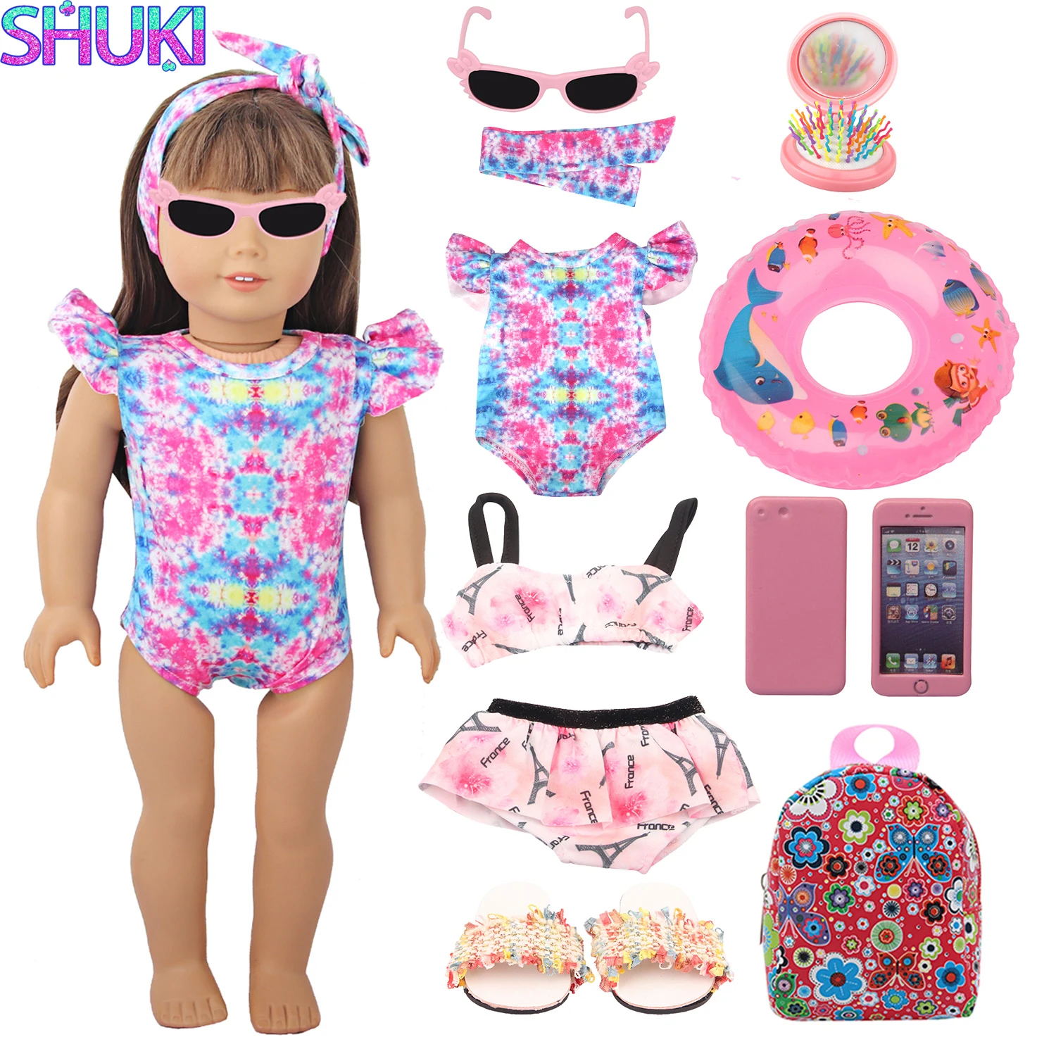 Traje de baño de muñeca, zapatillas circulares de natación, gafas de sol, mochila para teléfono móvil, 18 pulgadas, americano, 43cm, bebé recién