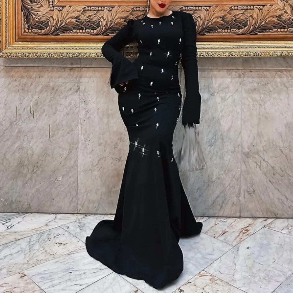 Gaun Prom Putri Duyung Hitam Kustom Gaun Malam Lengan Penuh Leher-o Panjang Lantai Gaun Pesta Terbungkus Rumbai Kristal Mode