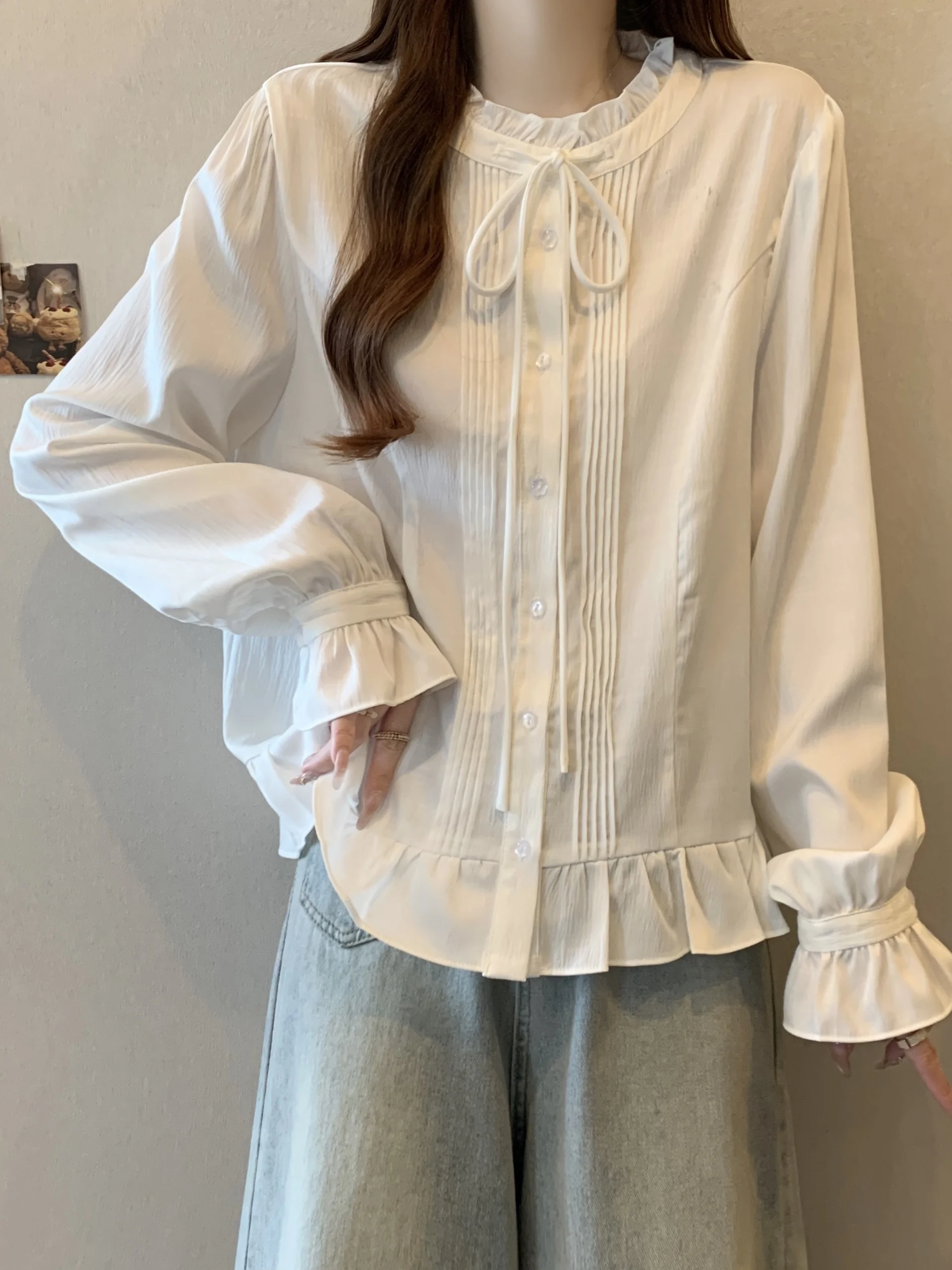 

French Style Long Sleeve White Shirt Women's Base Layer with Wood Grain Spring Autumn plus Size Knot Top