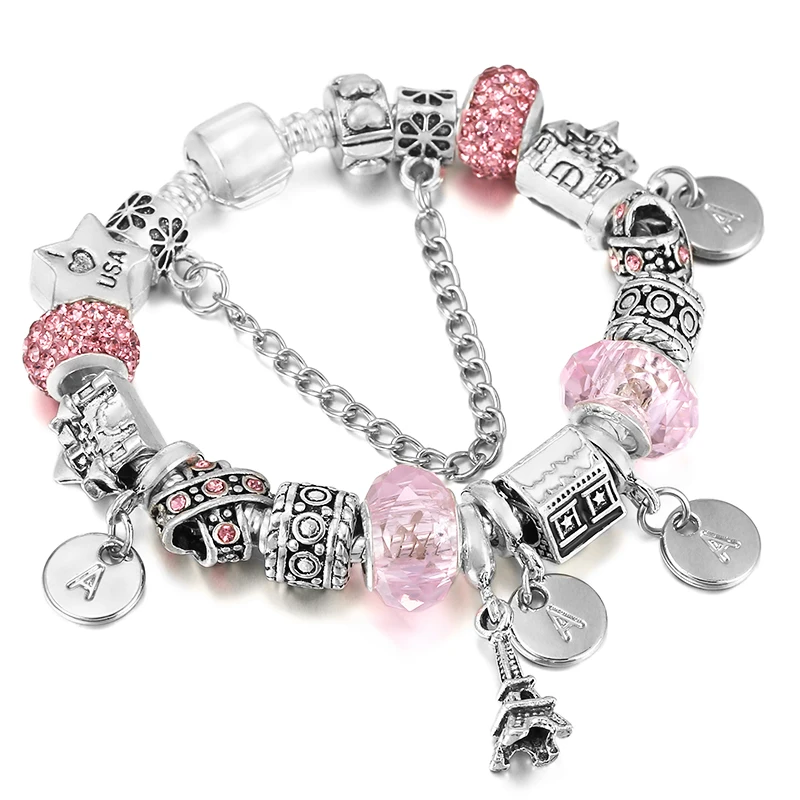 Silver Color Luxurious Charm Bracelet With Tower Heart Flower Pendant Bracelets For Women Valentine\'s Day Jewelry Dropshipping