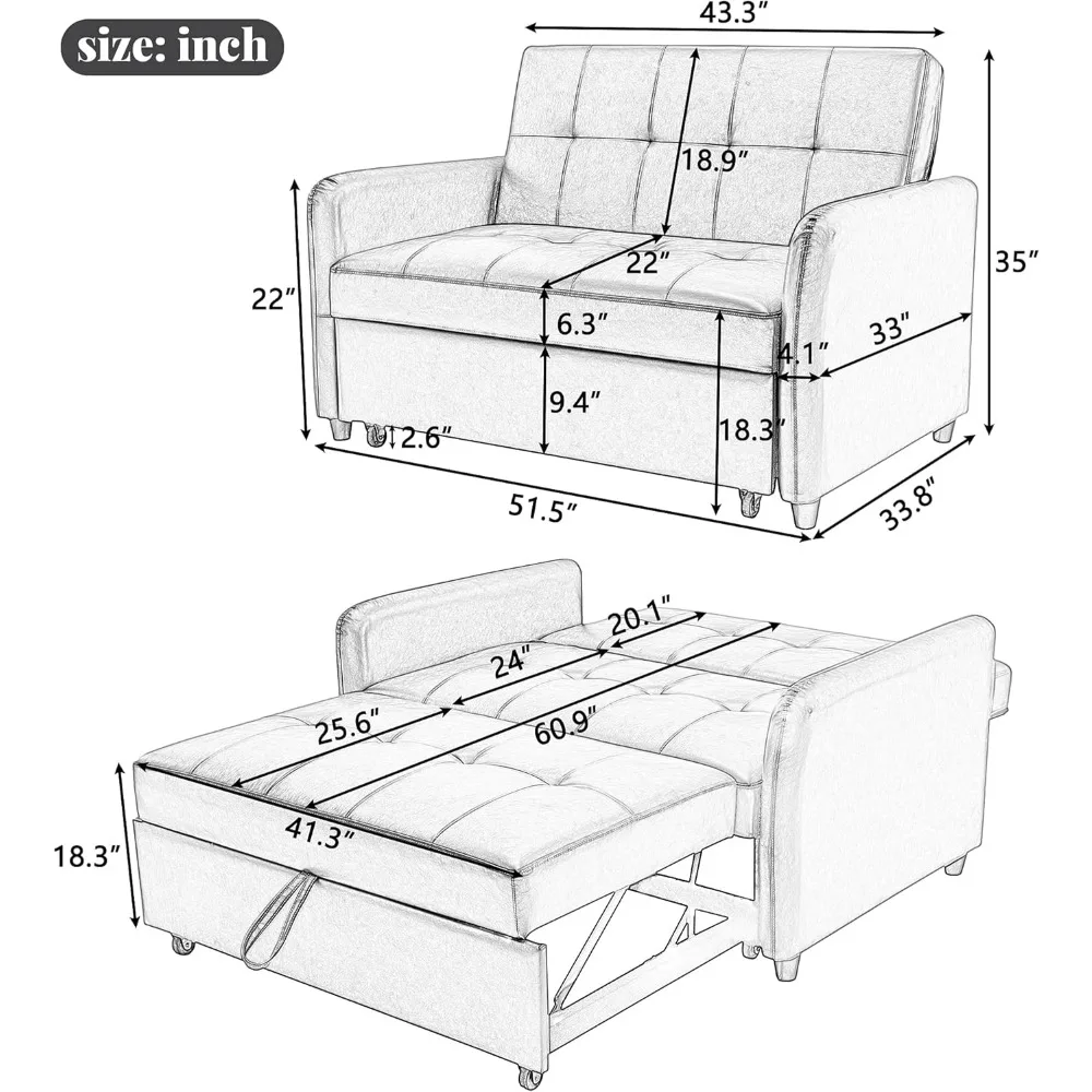 سرير أريكة سرير من جلد البولي يوريثان قابل للتحويل من ميراكس، سرير حديث قابل للتعديل مقاس 51 بوصة، كرسي بذراعين كبير الحجم مع 2 جانب ص