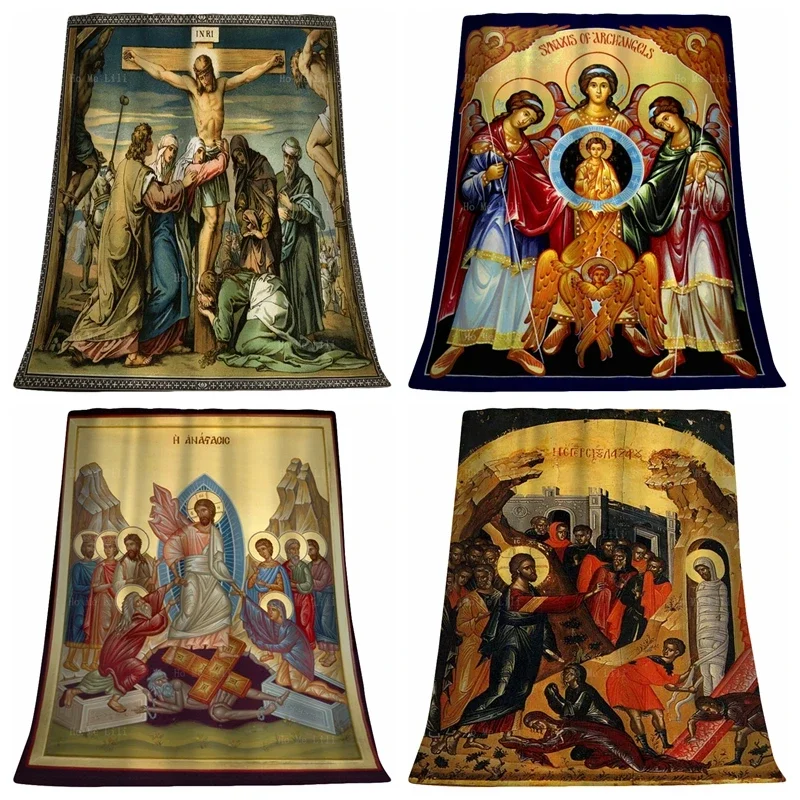 Religion Catholi Cross Of Christ Jesus Resurrection Icon Feast Of The Archangels Soft Flannel Blanket Home Decor By Ho Me Lili