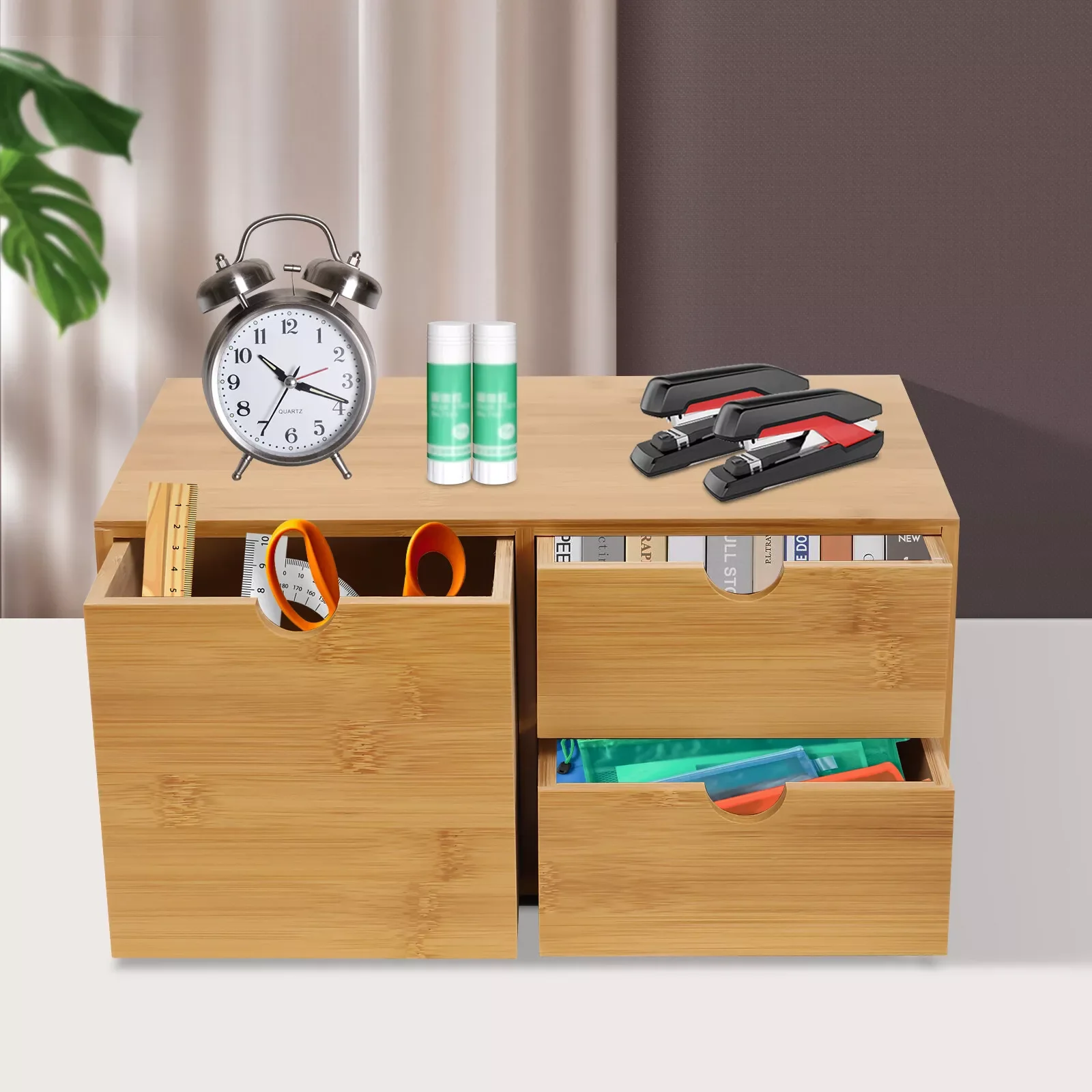 Desk Organizer Office Desktop Drawers Storage Bamboo Box Storage Recess Handle