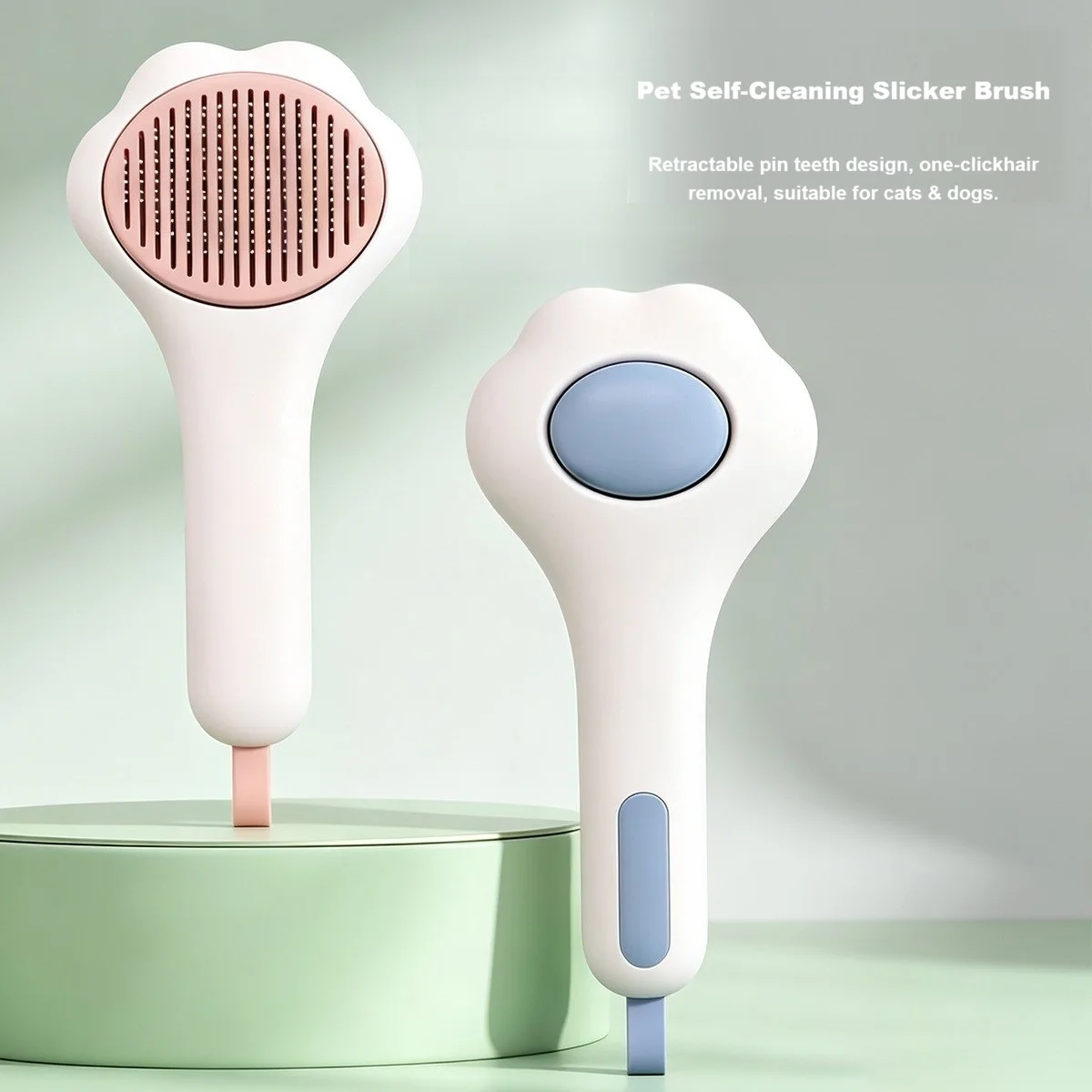 Pet Self-Cleaning Slicker Brush, One-Click Fur Remover, 60° Angled Stainless Steel Pins Grooming Comb for Cats Dogs, Paw Handle