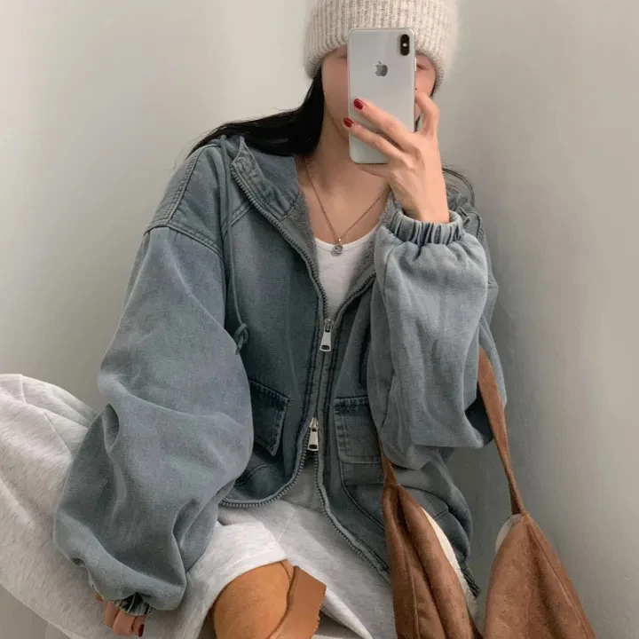 Faionable Thiened Fur Felpa con cappuccio Denim Jaet Donna Allentato Pigro Sle Capispalla Caldo Cappotto di cotone Primavera Autunno Inverno