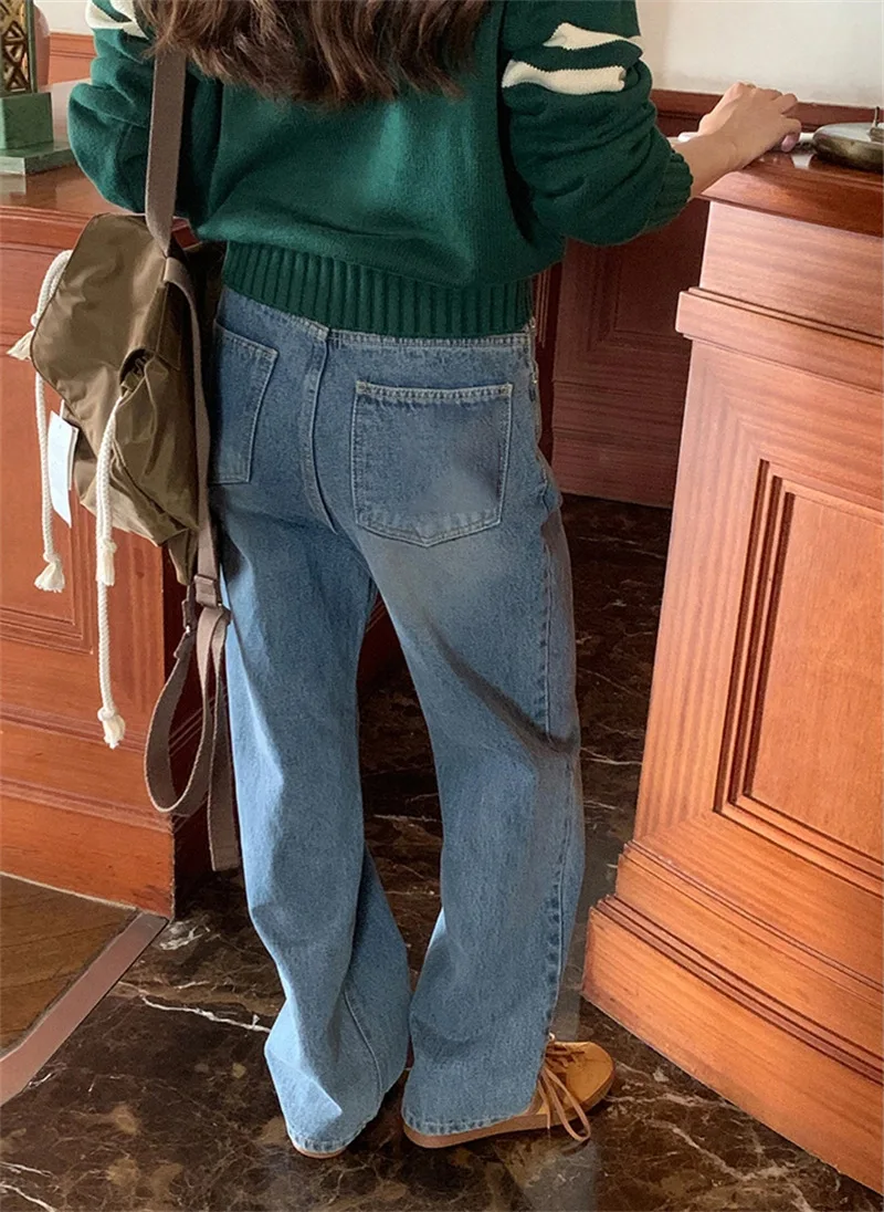 

Retro Sli East Gate 24 Spring Loose Waed Distred Straight Leg Jeans Women's Faionable Classic Blue Long Trousers