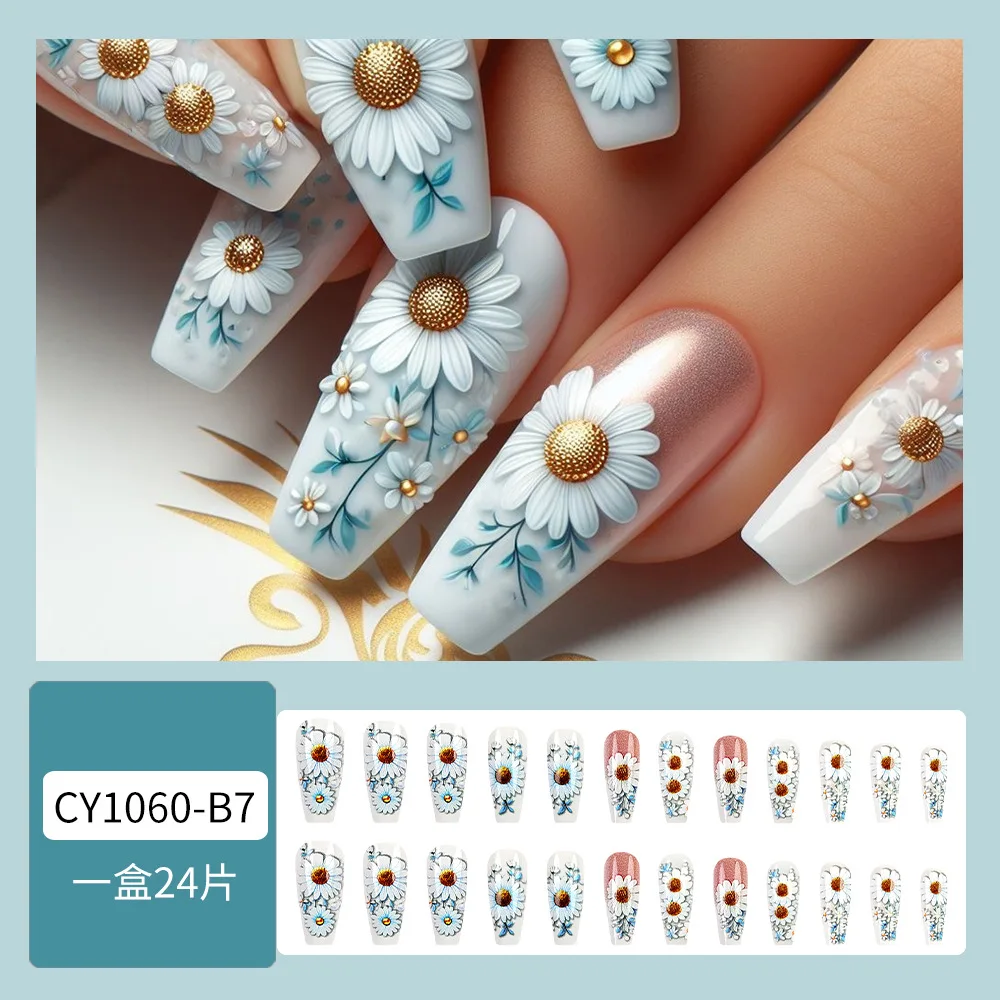 24 Pcs Spring Coffin Press on Nails White Daisy Ballet Long Fashion Realistic Fake Nails Square Artificial False Nails Removable