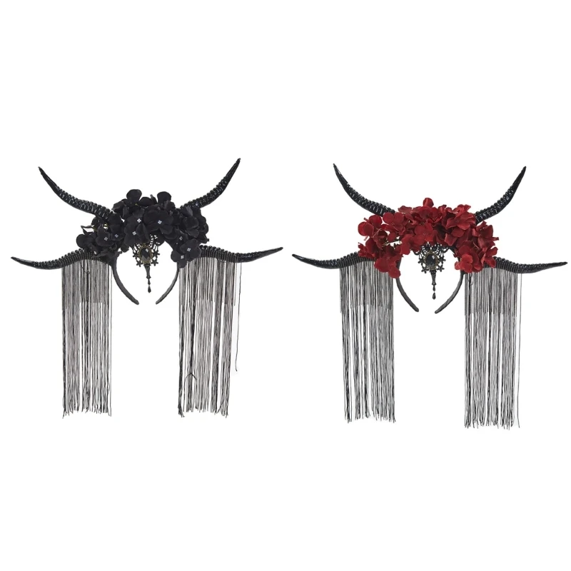 

Devil Horns Headband Antelope Headband Halloween Horn Goth Headpiece Goth Tassel Headband Day Of the Dead Headband