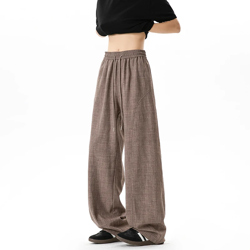 2026 Plus Size High Waist Wide Leg Pants Summer Loose Elastic Waist Drawstring Breathable Solid Color Straight Trousers Casual