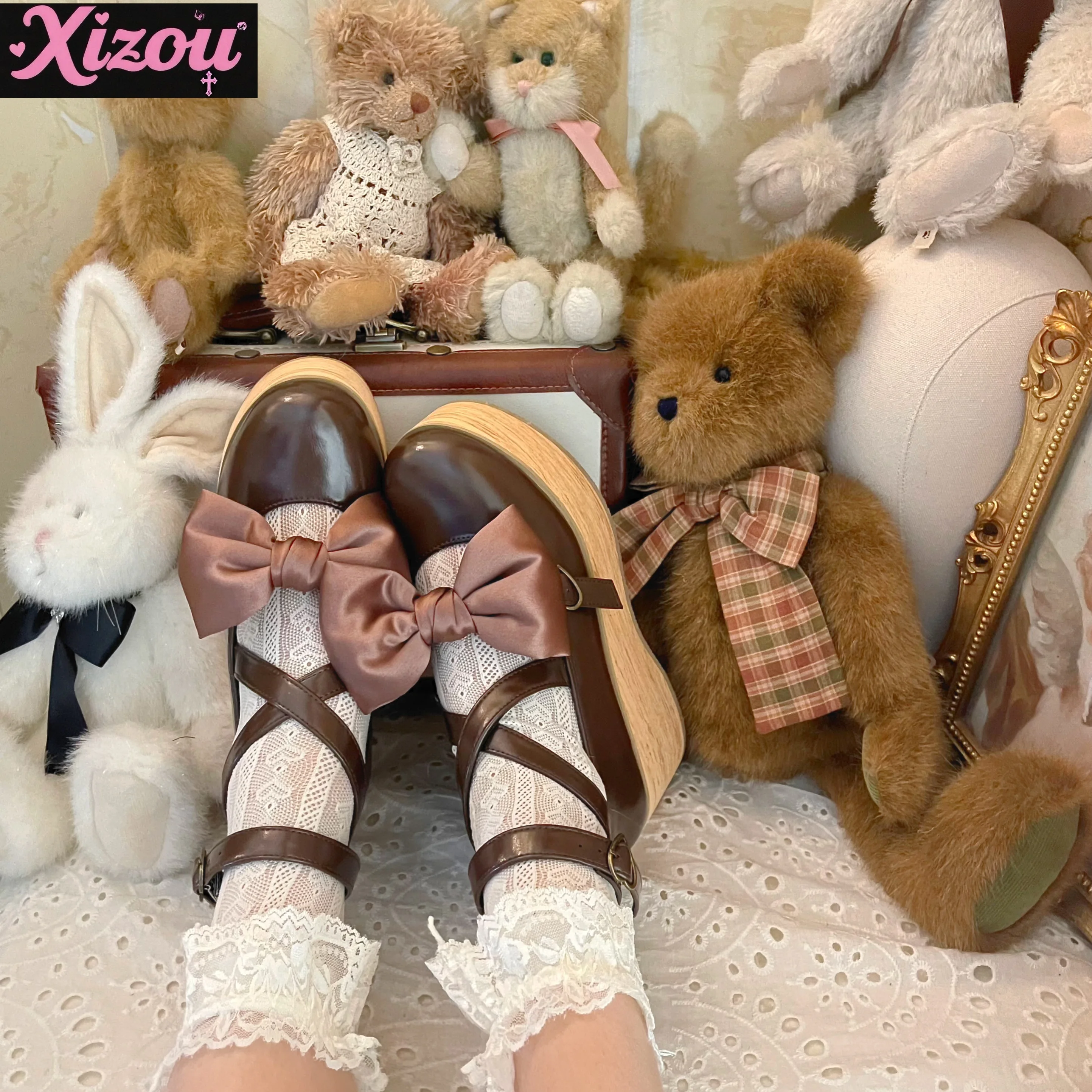 Japanese sweet and cute lolita platform muffin shoes women's big bow pointed round head wooden sole shoes single shoes women