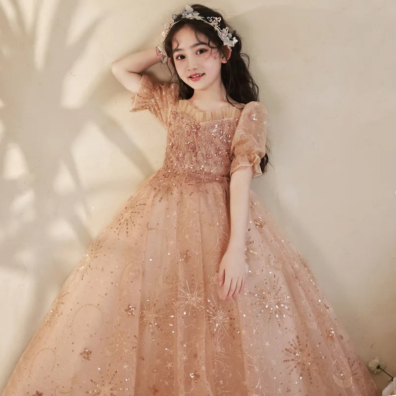 

Champagne Lace Child Flower Girl Dresses Sequin Tulle Princess Long Gown for Wedding Party Baptism First Communion Formal Gown