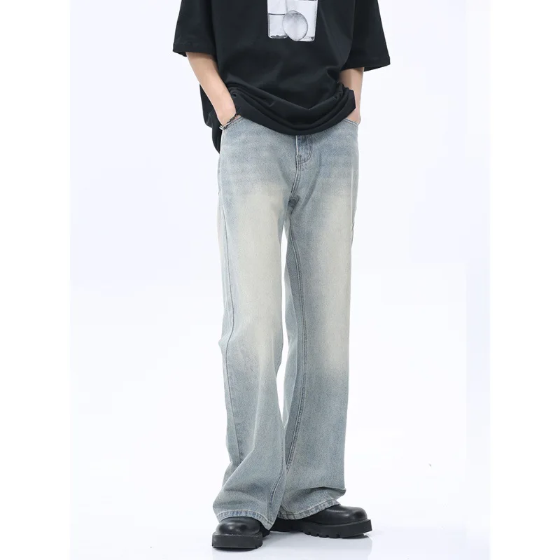 

Original 2023 Mid-Waist Bell Bottom Jeans Korean Style Vintage Mud Stained Long Floor-Length Men Women Denim Trousers