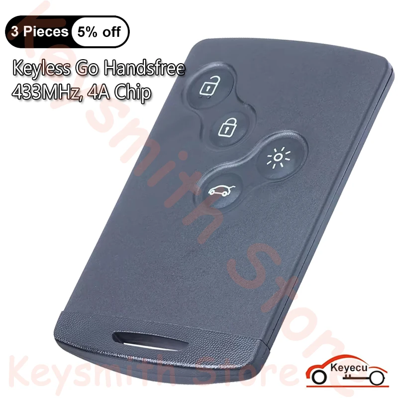 KEYECU 4 Buttons 433MHz 4A Chip for Renault Clio IV 4 Captur 2009 2010-2017 Auto Keyless Go Handsfree Smart Card Remote Key Fob