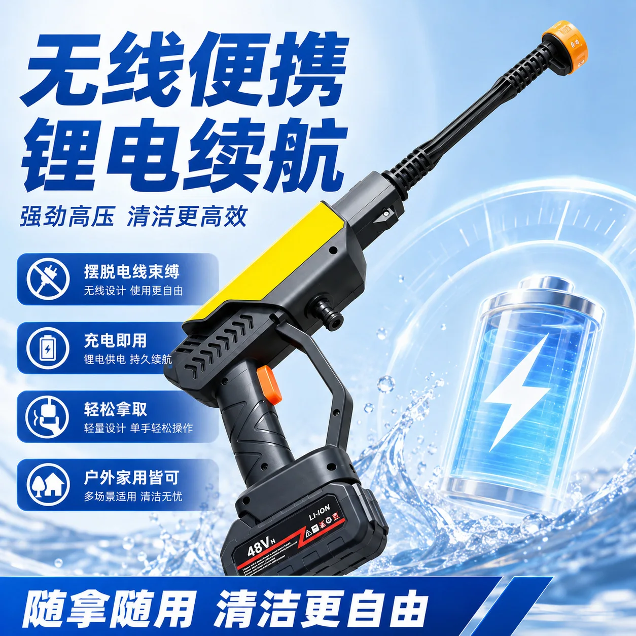 Portable High Pressure Water Gun, Wireless Li‑ion Powered Car Washer with High Output Motor
