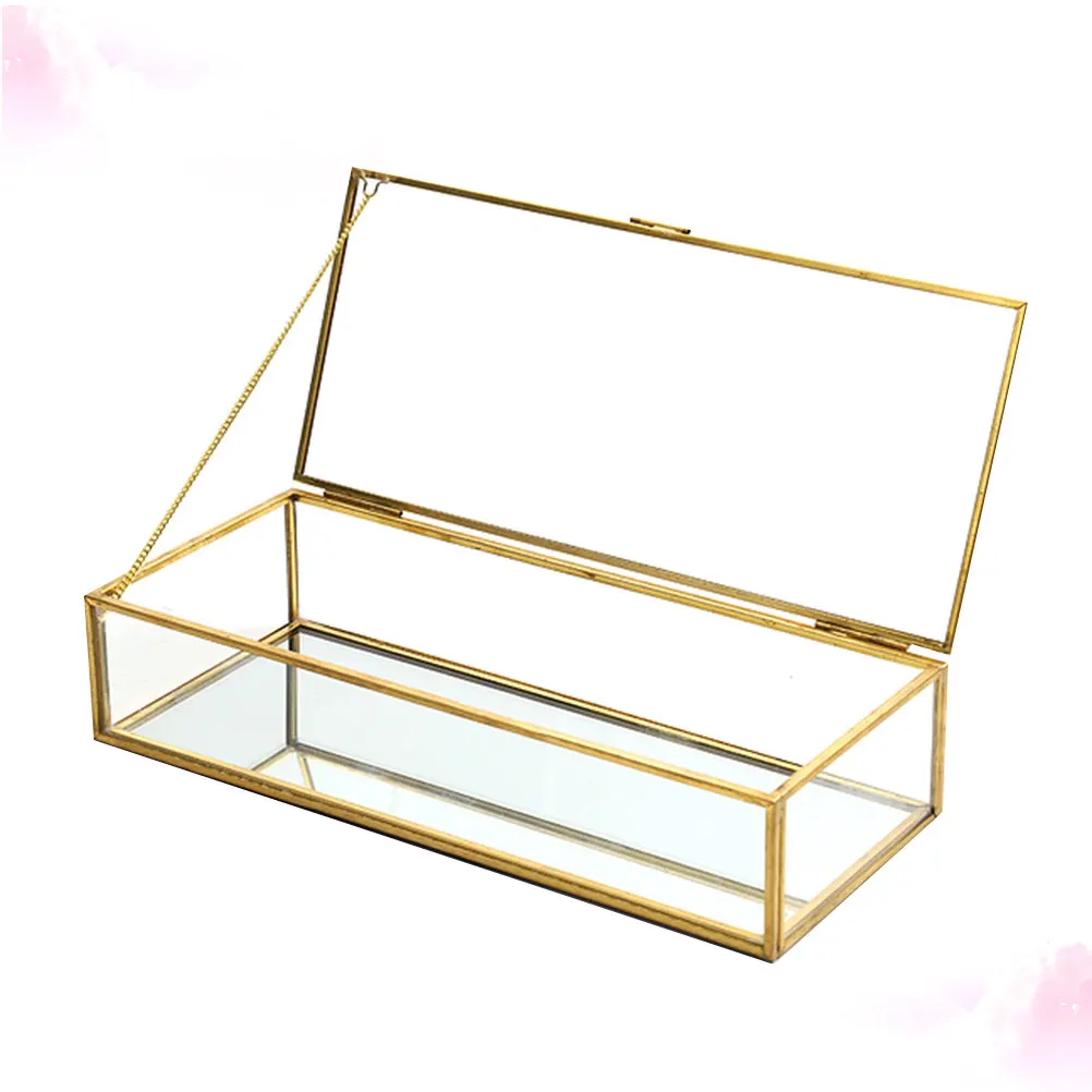 

Premium Geometric Glass Jewelry Box with Golden Trim Desktop Organizer for Earrings Necklaces Rings Wedding Birthday Gift