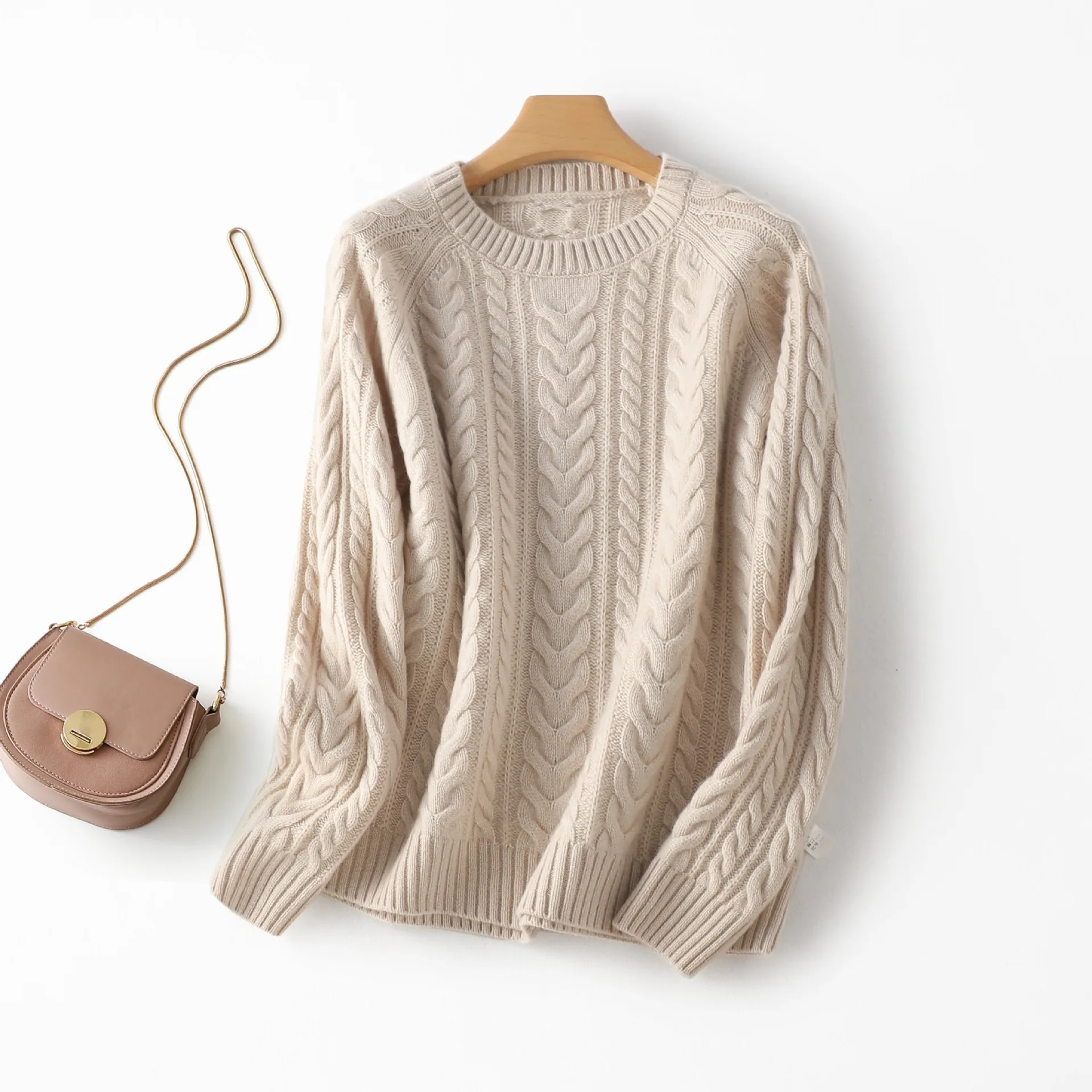 Birdtree Sweater Rajut Solid 100% Wol Domba yang Hangat, Wanita Teknik Twist Kerah O Lengan Panjang Pullover Musim Gugur T59459JF