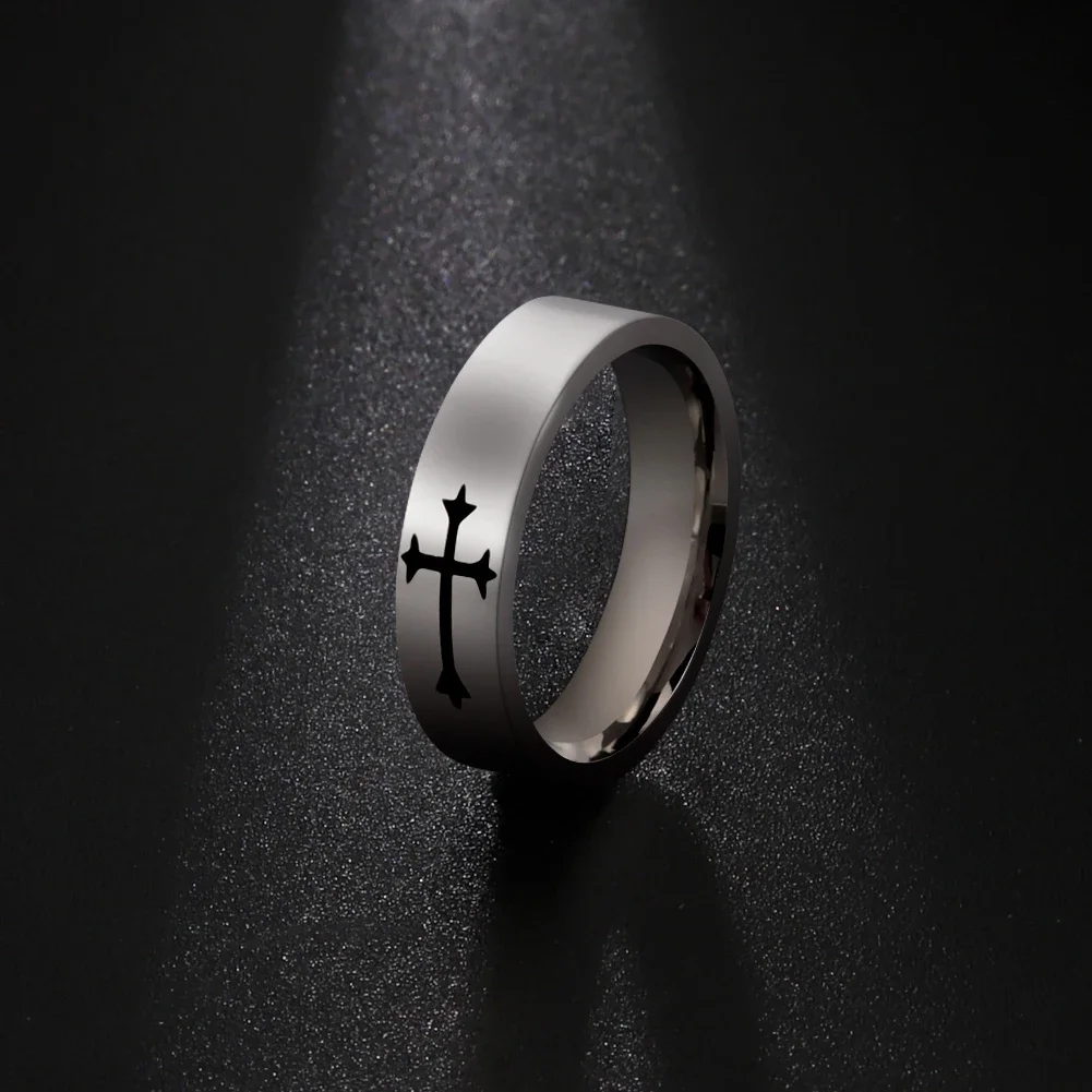 Skyrim Stainless Steel Jesus Cross Ring Christ Bible Prayer Finger Rings For Men 8mm 6mm Amulet Jewelry Size 7-13