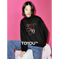 Toyouth Women Plush Sweatshirt 2023 Winter Long Sleeve Half High Collar Hoodies Sequin Embroidery Multiple Colors Pullover Tops