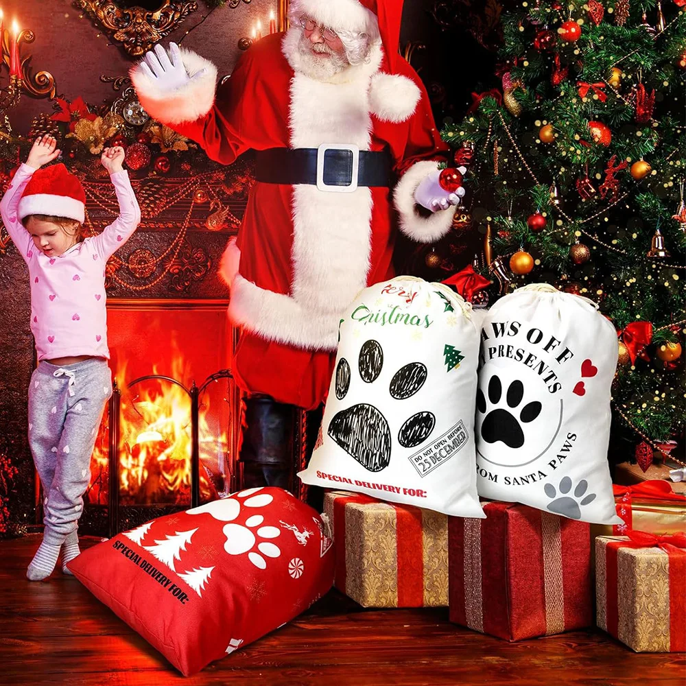 6 sets/1pack Santa Drawstring Dog Paw Printed Bag Christmas Gift Bag Dog Cloth Reusable Gift Party Supplies