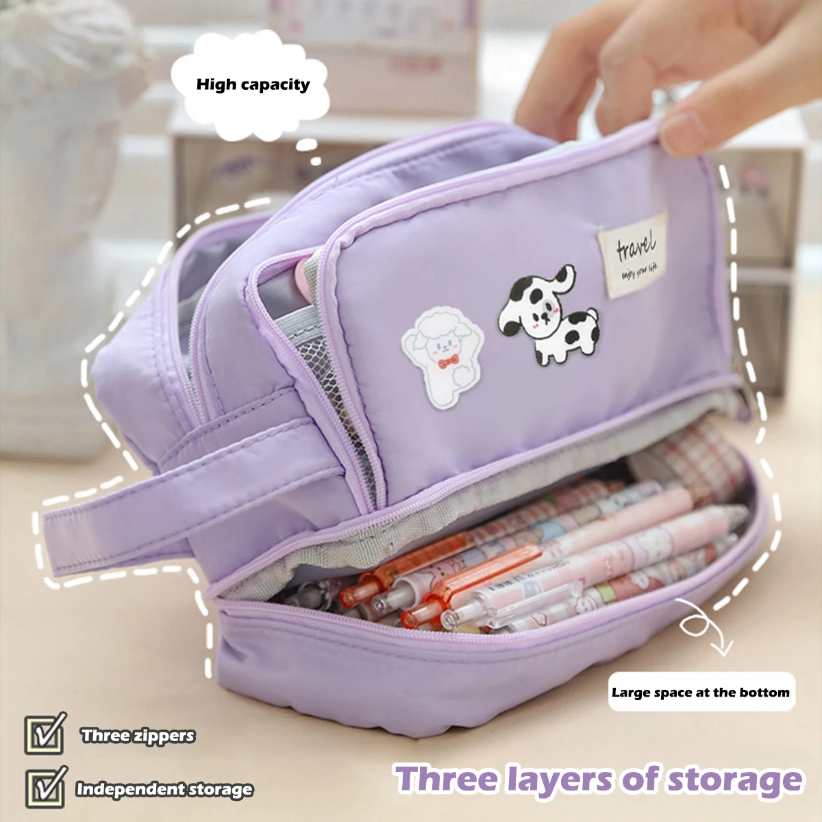 Kawaii Large Capacity Pencil Case Pouch Bag Double Layer Girls Pen Box Korean Stationery Back to School Supplies for Students