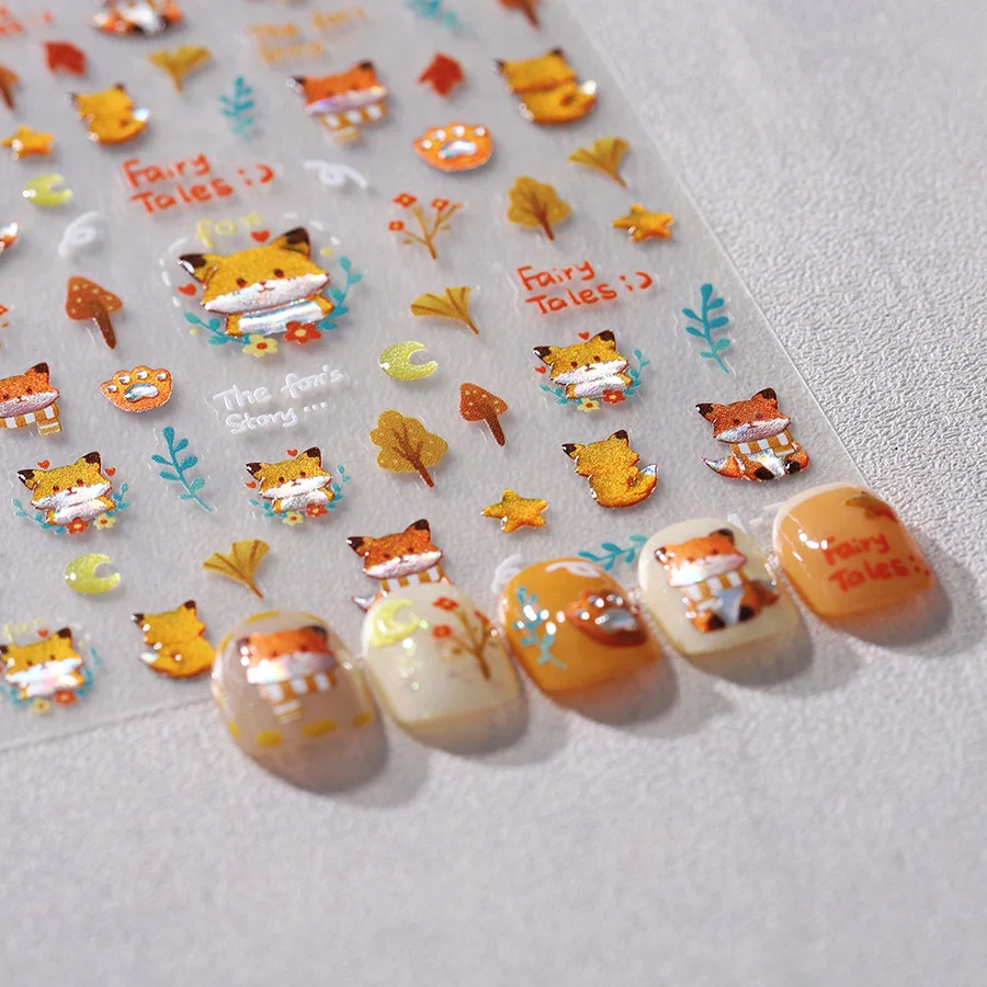 Lovely Cartoon Gold Stamped Fox Mushrooms Leaves Stars Moon 3D Jelly Self Adhesive Nail Art Stickers Cute Animal Manicure Decals