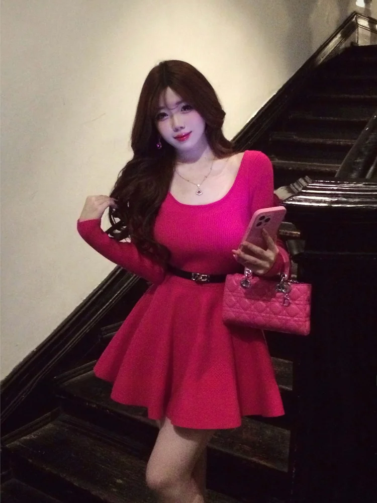 

Charming Knitted Long Sve Dr Women's Autumn Winter New Sle Square Collar Slimming Base Layer Dr Hing Fit Casual