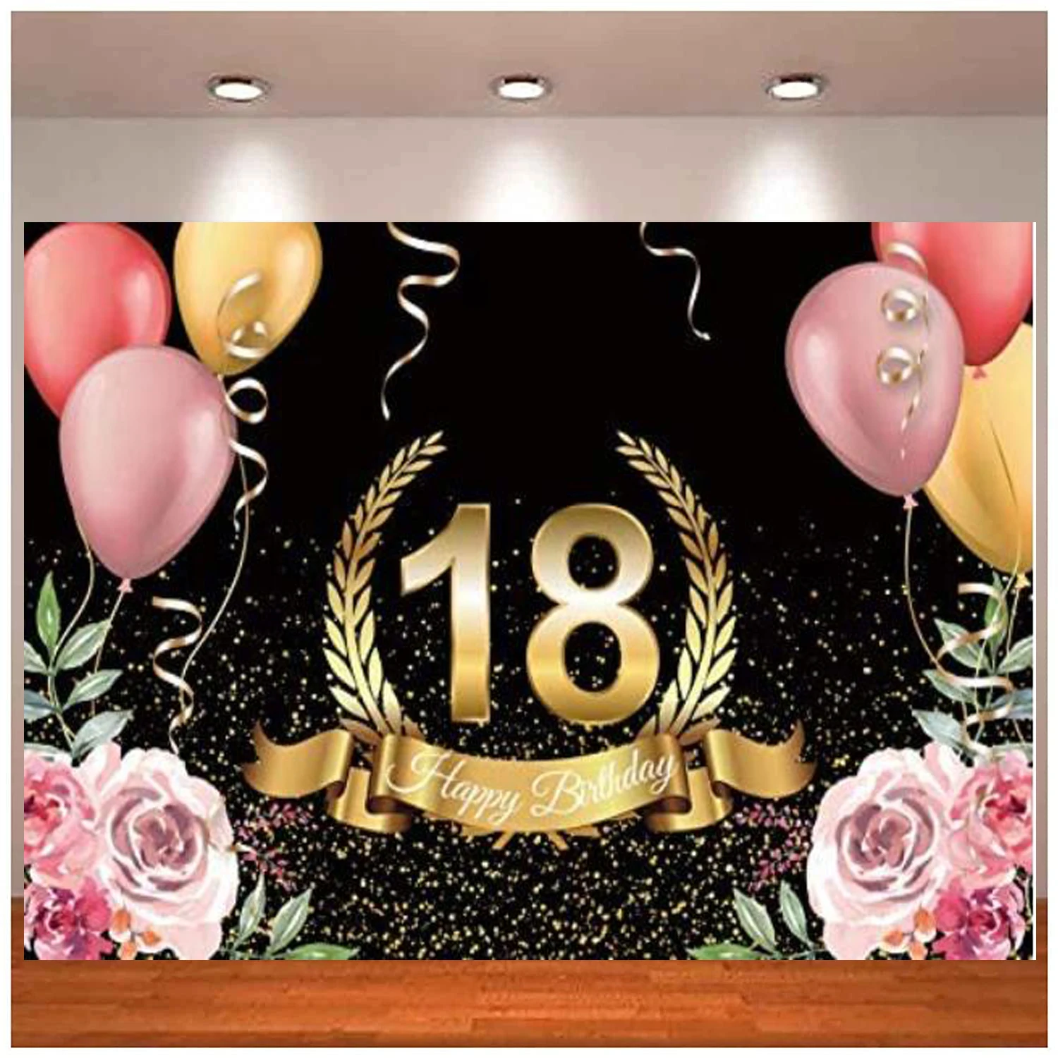 

Photography Backdrop Black And Gold 18th Birthday Party Background Colorful Balloon Flowers For Princess Girls Kids Party Decor