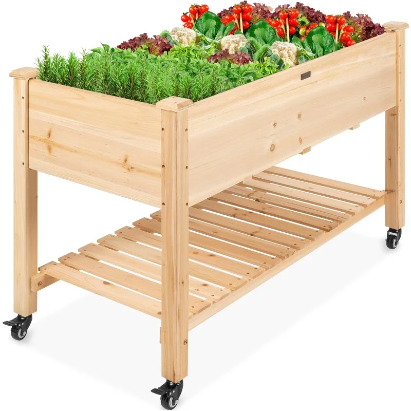 

Raised Garden Bed 48x24x32-inch Mobile Elevated Wood Planter w/Lockable Wheels, Storage Shelf, Protective Liner - Natural