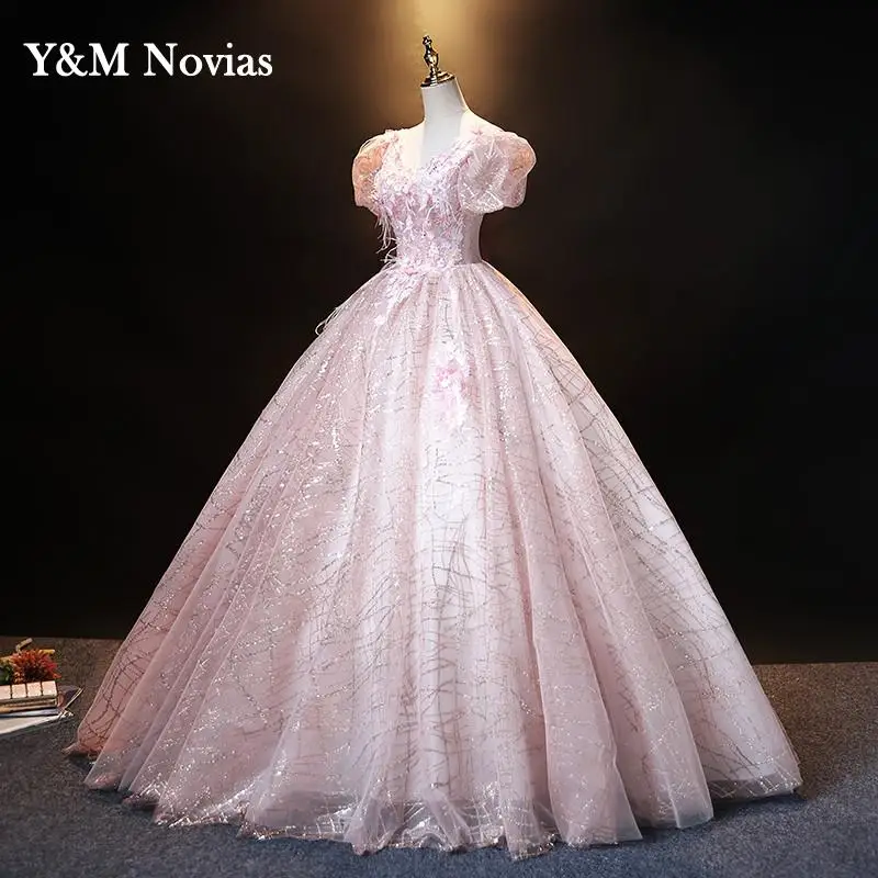 Y & M-Vestidos De quinceañera con flores 3D rosas, perlas De lujo apliques De cuentas, Vestidos De princesa para fiesta